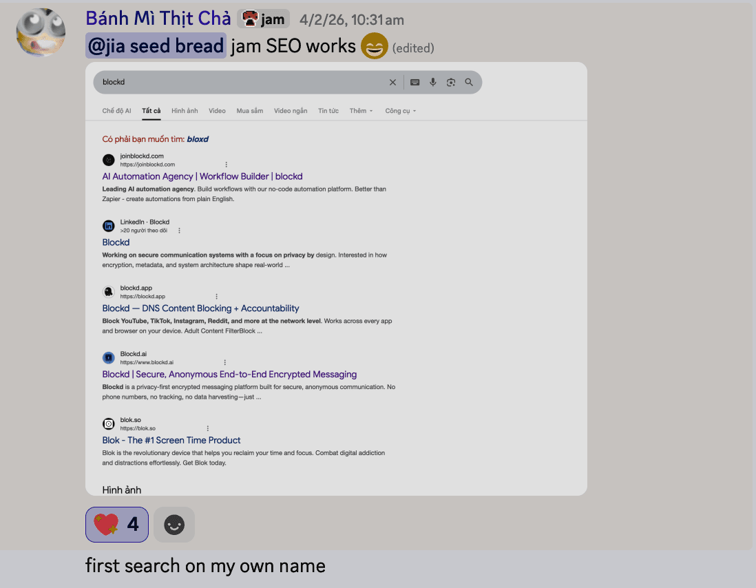 Discord message: jam SEO works, with a Google search for "blockd" showing joinblockd.com ranked first.
